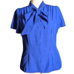 Belle Poque Royal Blue Bow Blouse Retro Pinup Rockabilly Size Large